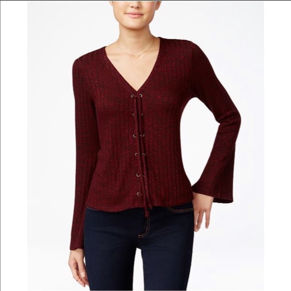 Lace Up Bell Sleeve Top Burgundy Witchy Boho Top